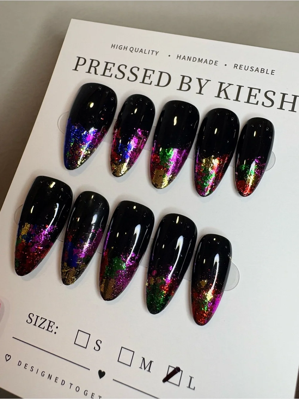 Black Press-On Nails with Multicolor Foil Tips